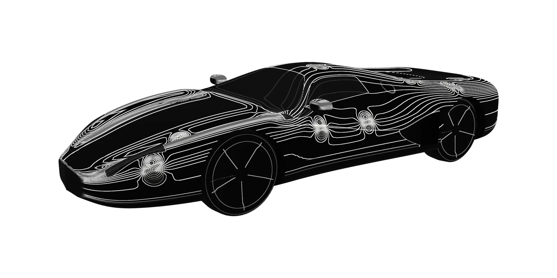 A sports car drawn in reflection lines, with rings marking hail dents.